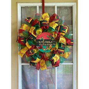 Juneteenth Butterfly Welcome Wreath, Red Yellow Green Rasta Style Door Decor